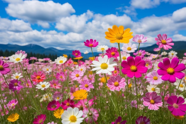 Campo de flores del cosmos en plena floración bajo un cielo azul con nubes blancas