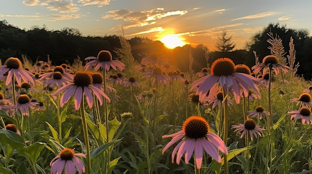 Un campo de flores de equinácea púrpura con la puesta de sol detrás de él.