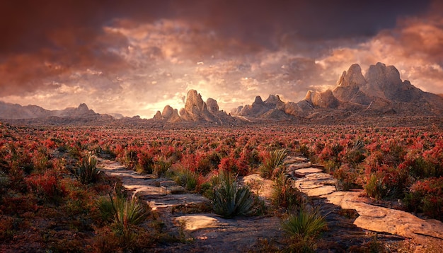 Campo de flores de fantasía en el valle contra las montañas rocosas