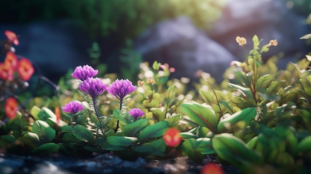 Un campo de flores con una flor rosa en primer plano