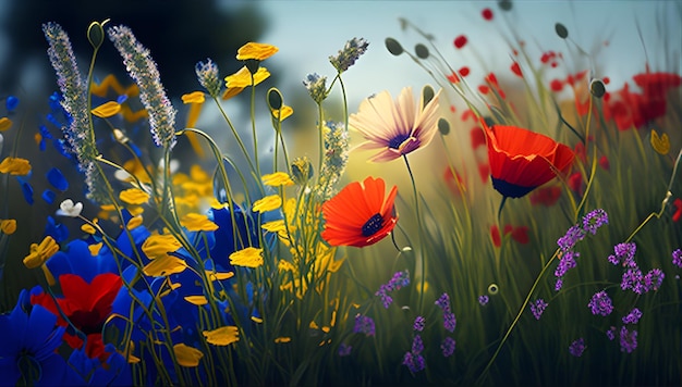 Un campo de flores con un fondo azul y amarillo.