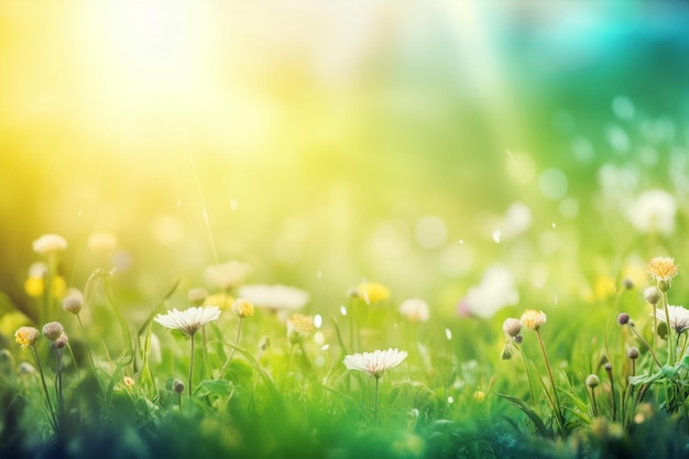 Un campo de flores con un fondo azul y verde.