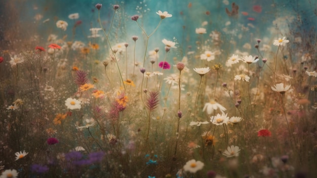 Un campo de flores con un fondo azul.