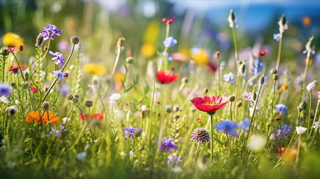 Un campo de flores con un fondo azul.