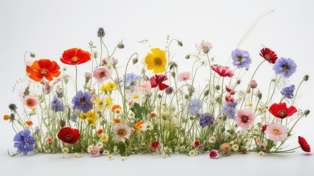 Un campo de flores con un fondo blanco.