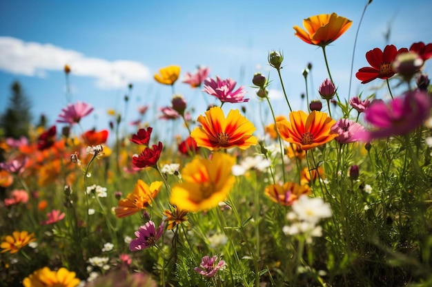 un campo de flores con un fondo de cielo