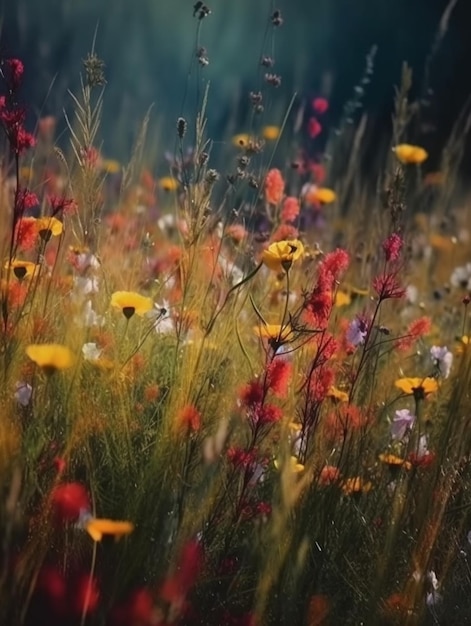 Un campo de flores con un fondo negro.