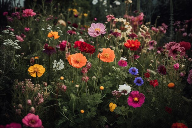 Un campo de flores con un fondo negro.