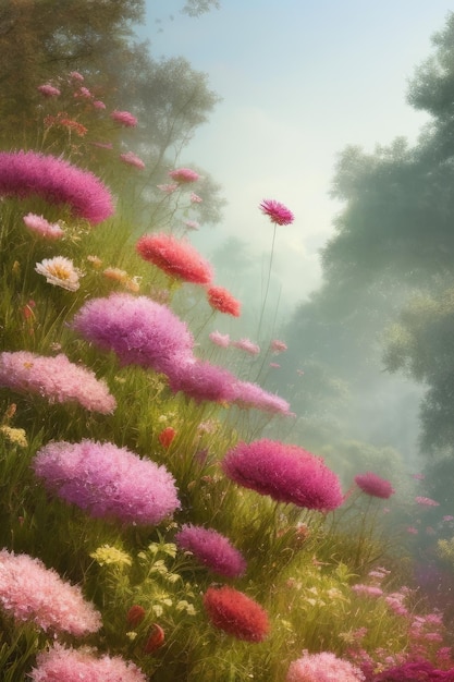 Un campo de flores con un fondo rosa.