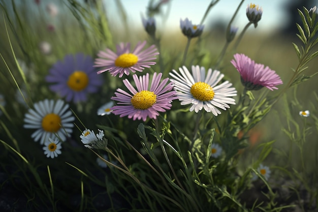 Un campo de flores con un fondo verde.