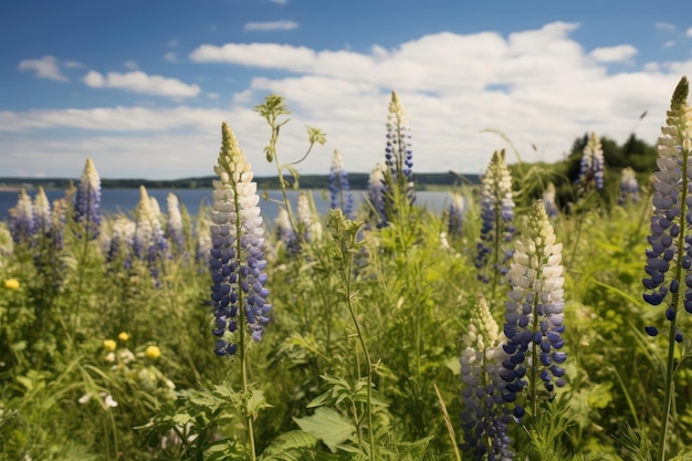 Un campo de flores frente a un lago.