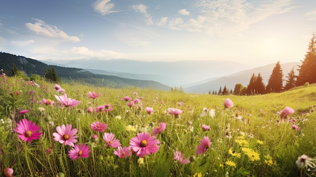 Un campo de flores frente a una montaña.