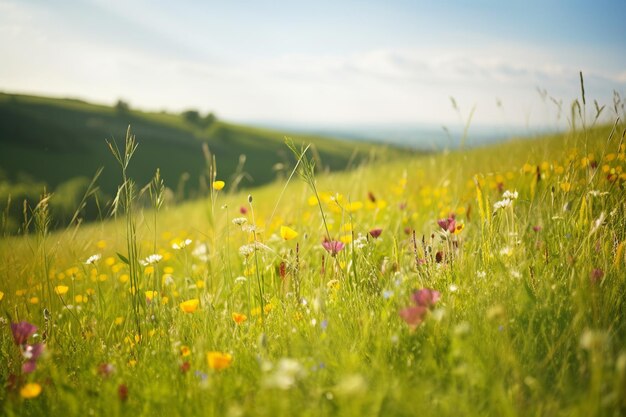 Un campo de flores frente a una montaña.