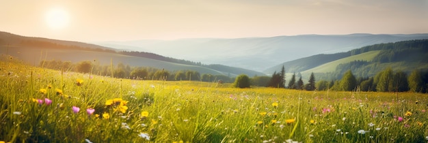 Un campo de flores frente a una montaña.