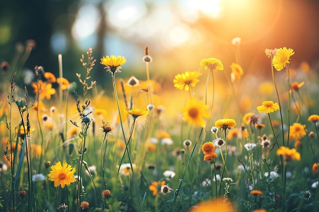 Campo de flores de hierba en el fondo de primavera con luz solar