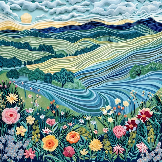 un campo de flores y hierba con una vista del río y la luna