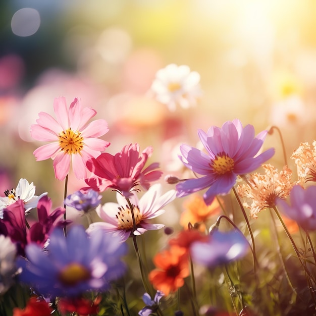 Campo de flores en el jardín de verano al sol