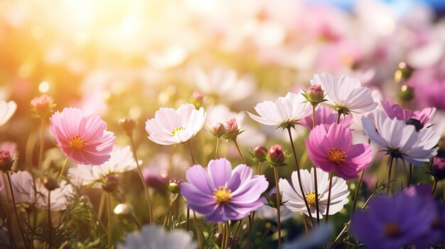 Campo de flores en el jardín de verano al sol
