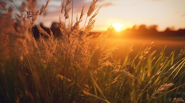 Un campo de flores junto a un lago con la puesta de sol detrás de itgenerative ai