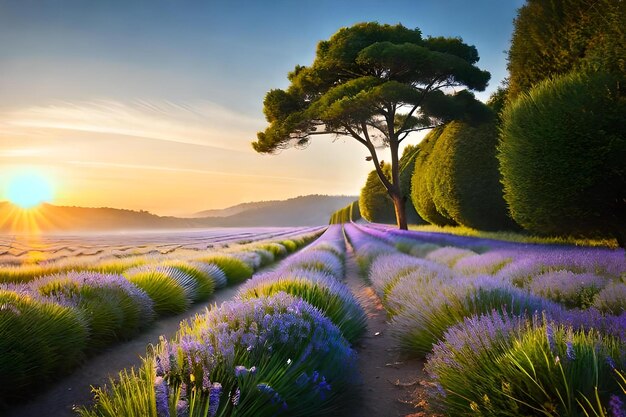 Un campo de flores de lavanda con un árbol en el fondo