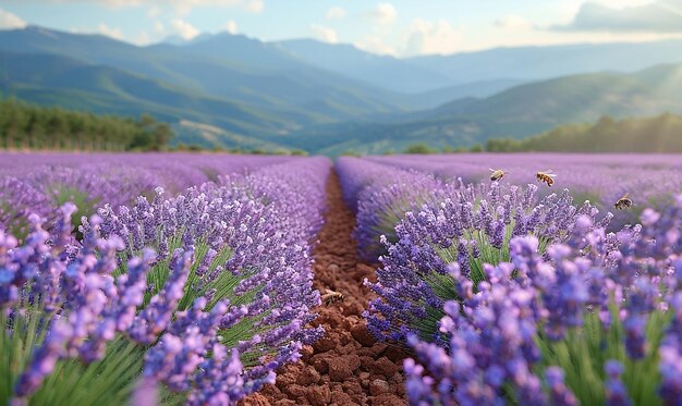 un campo de flores de lavanda con montañas en el fondo