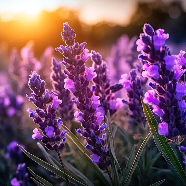 Un campo de flores de lavanda con el sol en el fondo