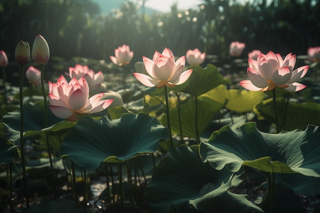 Un campo de flores de loto al sol de la mañana