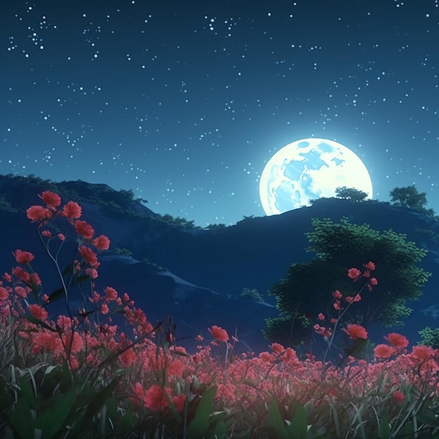 Un campo de flores con la luna de fondo