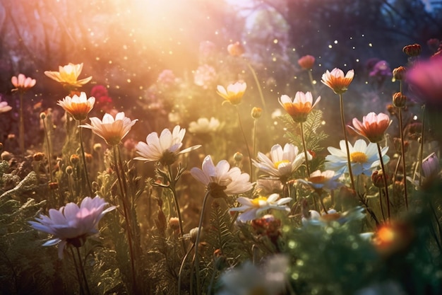 Un campo de flores con una luz brillante detrás de ellas.