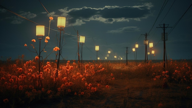 un campo de flores con una luz en el fondo