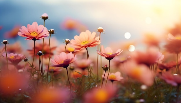 Campo de flores a la luz del sol Fondo del jardín en primer plano o campo de flores en la luz de la mañana