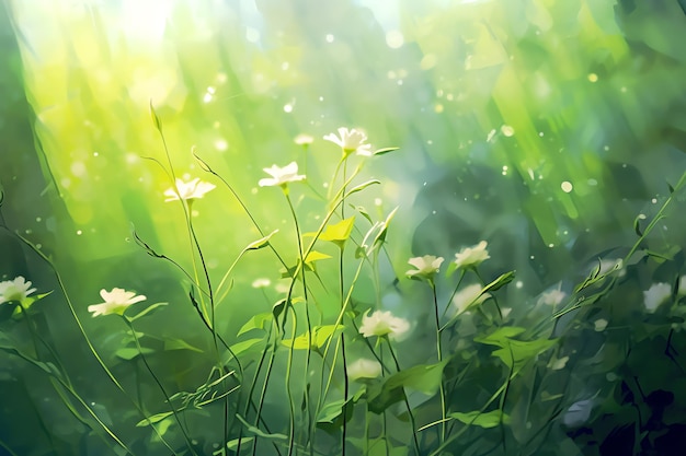 Un campo de flores a la luz del sol.