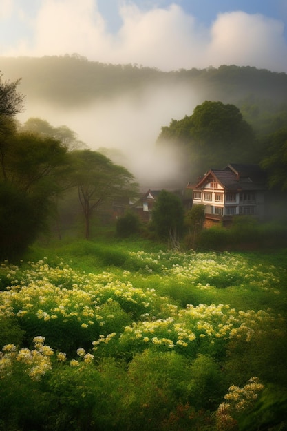 Un campo de flores en la mañana.