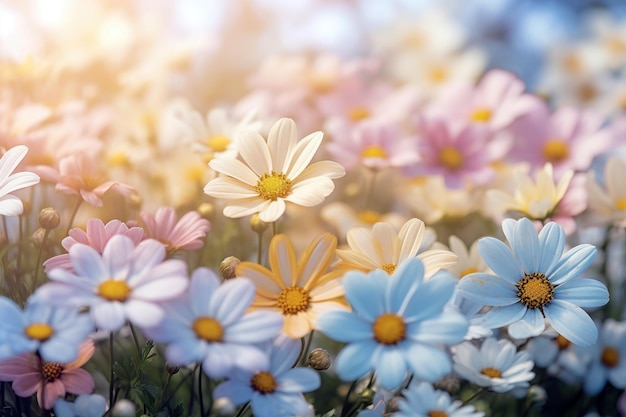 Un campo de flores con una margarita azul y blanca en el centro.