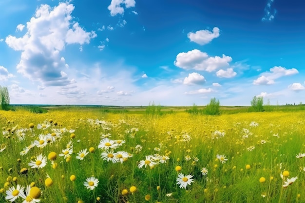 campo de flores de margarita y un cielo azul