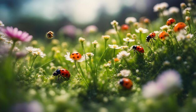 un campo de flores con mariquitas y flores