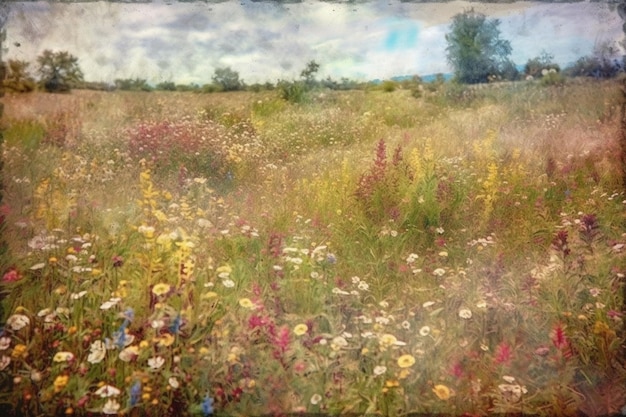 Un campo de flores en medio de un campo con un cielo nublado al fondo.