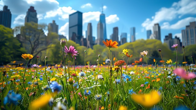 Un campo con flores en el medio de una ciudad