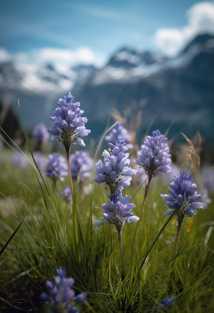 Un campo de flores con una montaña al fondo