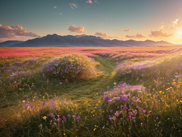 Un campo de flores con una montaña al fondo