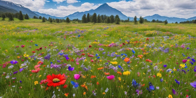 Un campo de flores con una montaña al fondo