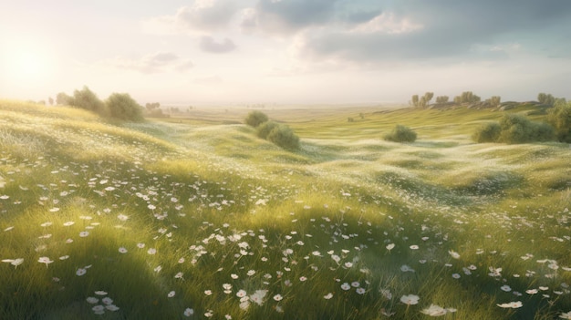 Un campo de flores con una montaña al fondo