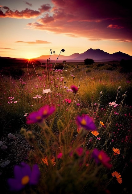 Un campo de flores con una montaña al fondo