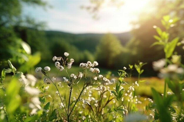 Un campo de flores con una montaña al fondo