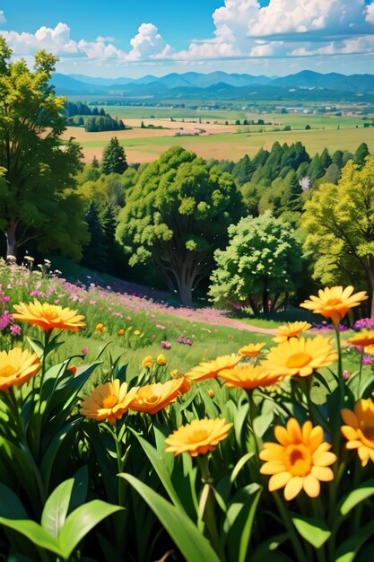 Un campo de flores con una montaña al fondo