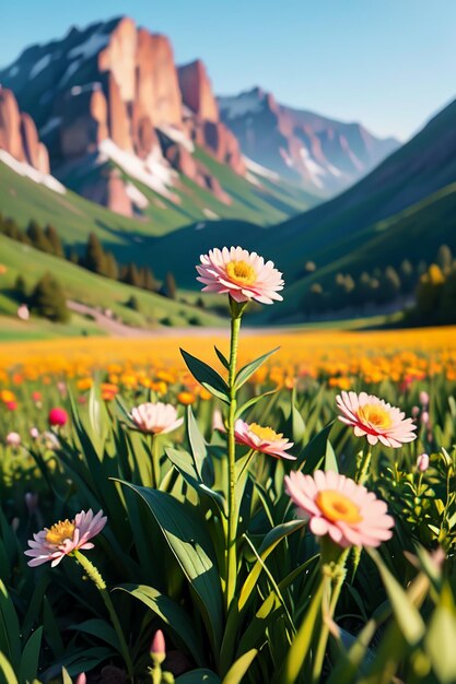 Foto un campo de flores con una montaña al fondo