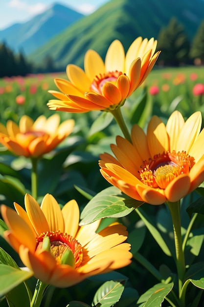 Un campo de flores con una montaña al fondo