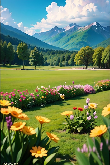 Un campo de flores con una montaña al fondo