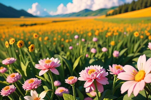 Un campo de flores con una montaña al fondo