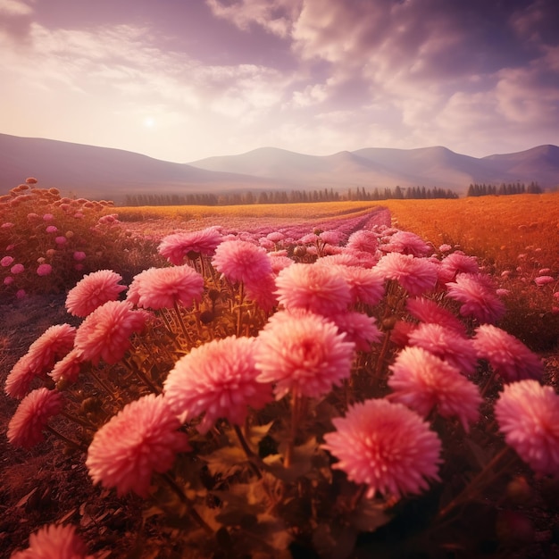 Un campo de flores con una montaña al fondo